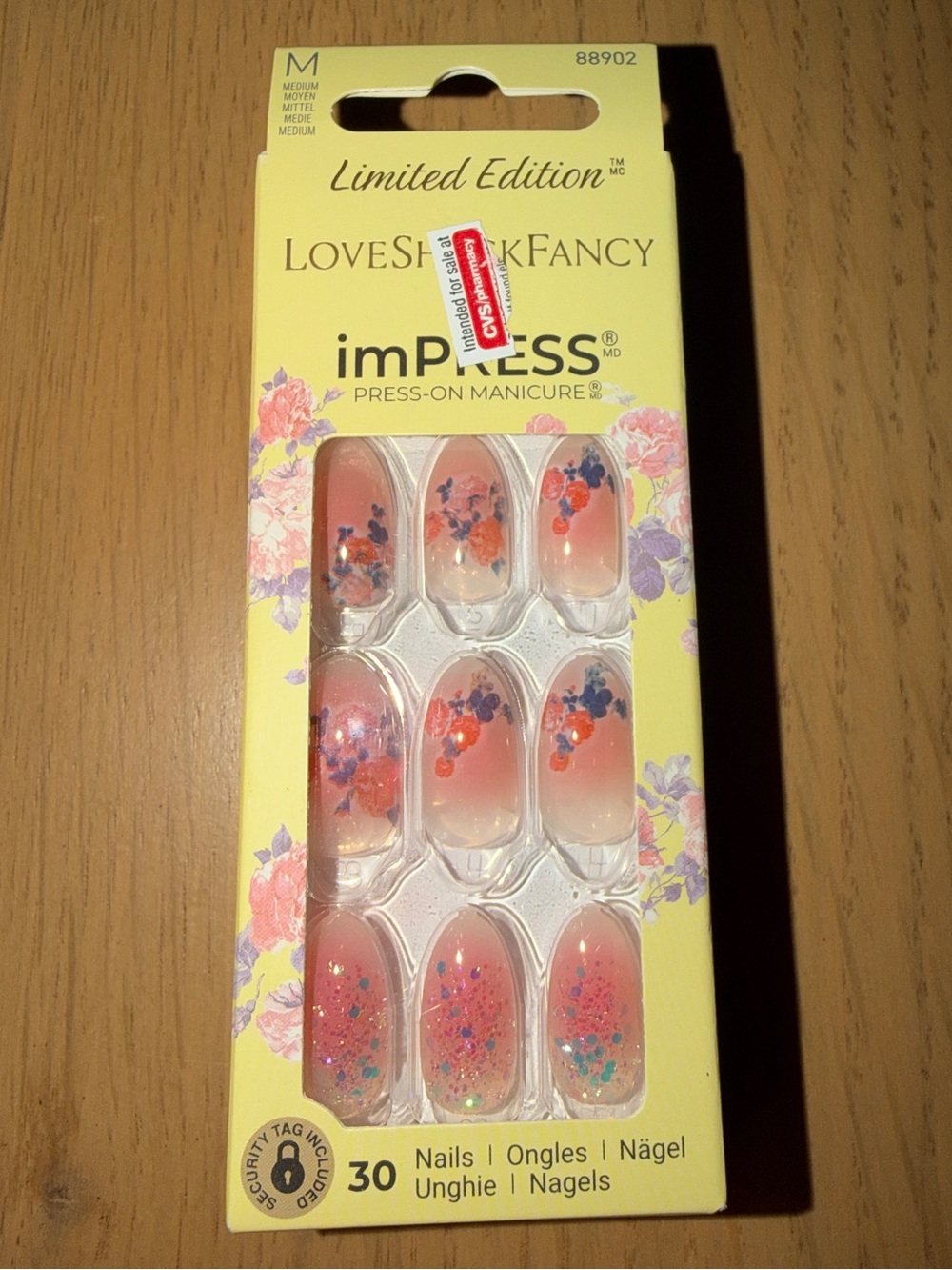 LoveShackFancy x imPRESS Press-On Manicure Nails Pink Floral Glitter Almond